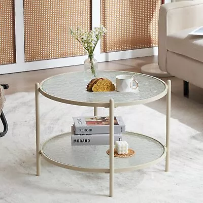 25.6  Small Cream White Round Coffee Table Water-Wave Glass Circle Clear Coff... • $102.58