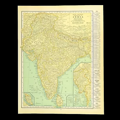 Antique INDIA Map Wall Art Decor Old Original Burma Ceylon Calcutta Ca 1927 • $12.71