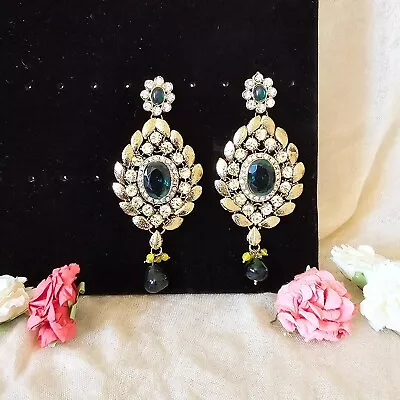 Indian Jewellery: Statement Earrings With Gold Leaf Work And Green Stone • $60