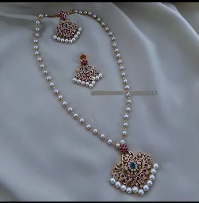 Gold Plated Pearl CZ Necklace South Indian Long Jewelry With Earrings Party Wear • $20
