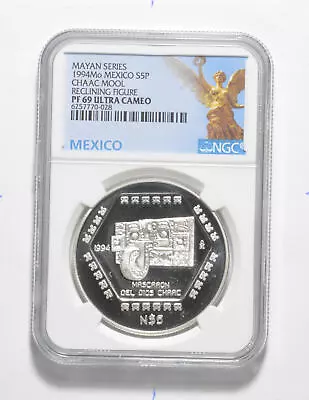 PF69 UCAM 1994 Mo Mexico Silver 5 Pesos Mayan Chaac Mool Reclining NGC *3434 • $195