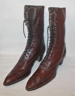 $19.95 • Buy Old Vintage Brown Leather High Lace Up Boots Shoes Women