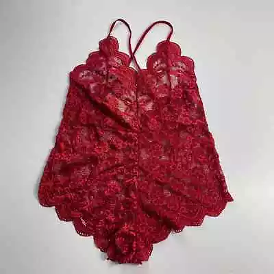 Vintage Red Floral Lace Mesh Sheer Cross Back Sexy Babydoll Bodysuit Size L • £8.99