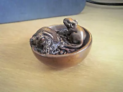 1a.  Hand Carved Wood Netsuke Of A Mouse & Turtle In A Bowl Boxwood Figure • £24.99