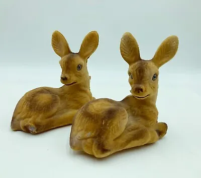 2 Flocked Deer Fawns Lying Down Figures Vintage Christmas Rustic Country Décor • $7.99