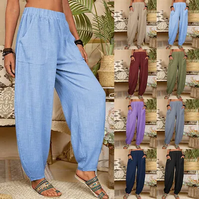 Plus Size Womens Cotton Linen Harem Pants Ladies Summer Baggy Hippie Trousers 18 • £11.89