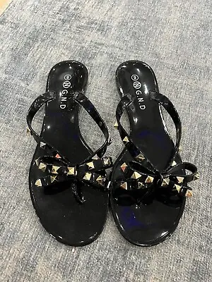 N G.N.D Black Studded Bow Flip-Flops Jelly Sandals 9 • £16.78