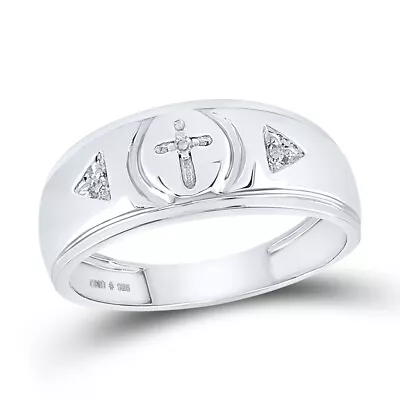 Sterling Silver Mens Round Diamond Cross Wedding Band Ring 1/20 Cttw • $66.95