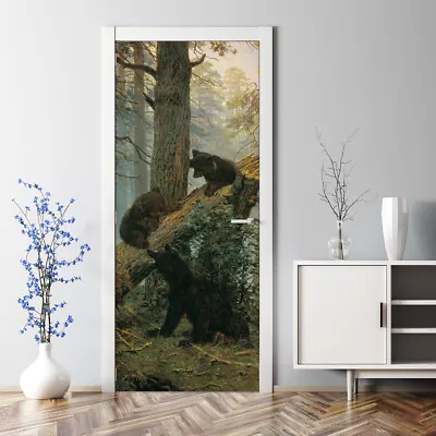 Bears In A Pine Forest Watercolour Decal Wall Bubble Free Peel & Stick Door Wrap • $60.95