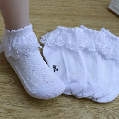 Girl Retro White/Pink/ Fancy Ankle Ruffle Frilly Short Lace  Cotton Socks 3-12Y • $7.90