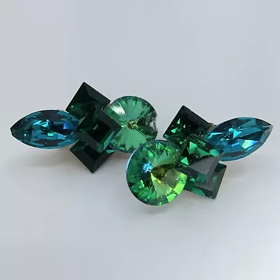 VTG Wendy Gell Signed Green Crystal Rhinestone Statement Clip On Earrings As Is • $24.95