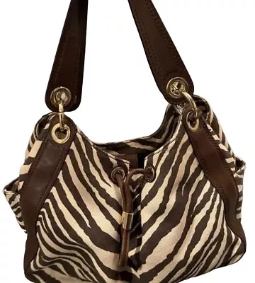 Michael Kors Canvas Leather Zebra Hobo Handbag Purse Brown Tan • $34.99