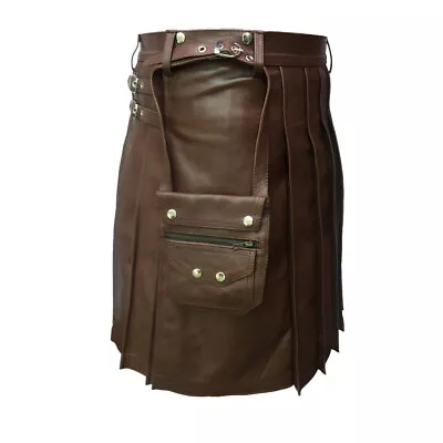 Men Real Brown Leather Pleated Utility Kilt And Sporran • $104.99