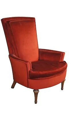 Mid Century Red Velvet & Walnut Highback Library Club Lounge Arm Chair • $680