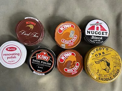 Vintage 1-1/2 Oz NUGGET KIWI LYDDY'S & WAPROO Boot Shoe Leather Polish Tins • $25