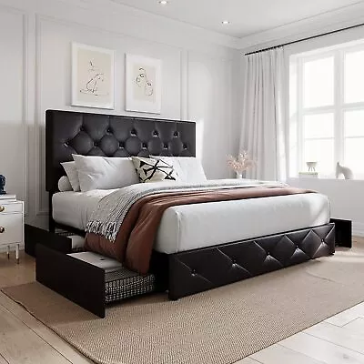 Queen Size Storage Bed Frame With 4 Drawers Adjustable Headboard Black Brown • $267.99