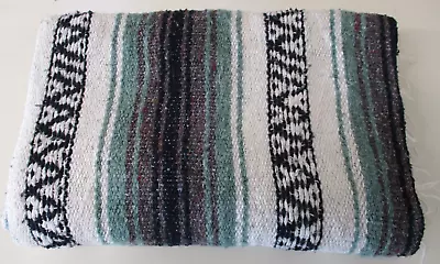 Mexican Blanket Throw Rug Green Woven Stripe Picnic Festival Camping -M85 • £22