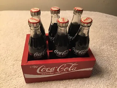 VINTAGE Coca-Cola 6 MINIATURE MINI GLASS BOTTLES WOODEN CRATE • $49.95