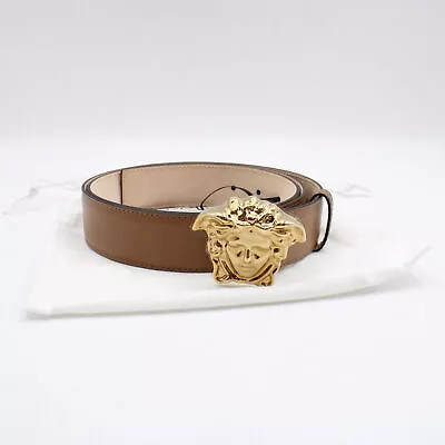 Versace La Medusa Leather Belt In Brown With Gold-Tone Medusa Head Buckle 115/46 • $149.99