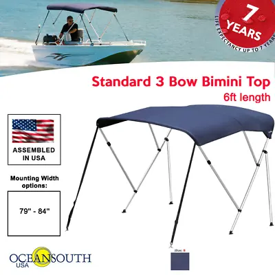 Oceansouth BIMINI TOP 3 Bow Boat Cover Blue 79 -84  Wide 6ft Long W/ Rear Poles • $122.85