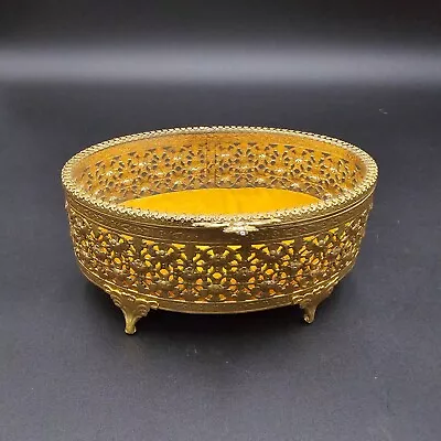 Vintage Gold Tone Filigree Beveled Glass Footed Casket Jewelry Box Oval 6.5 In • $29.97