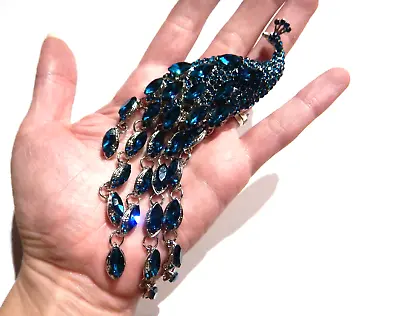 $14.99 • Buy LARGE PEACOCK LAVALIER BROOCH / PENDANT Teal Silvertone Chandelier Tail Pin 4A
