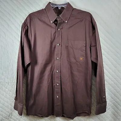 Ariat Shirt Mens Medium Brown Button Down Long Sleeve Cotton  Logo Tear Back • $7.88