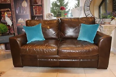 HALO Vintage Aniline Cigar Antiqued Distressed Brown Leather 2 Seater Sofa • £750