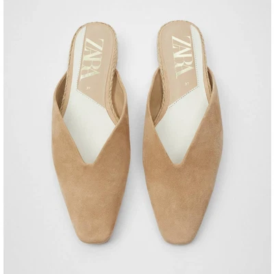 $36.75 • Buy NEW ZARA Jute Sole Flat Suede Mules Sandy Tan Beige Slip On Flats Womens 9 Shoes
