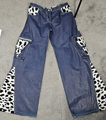 Wide Flare Leg Cow Print Jeans Size 12 L34 Cool Unusual • £21.99