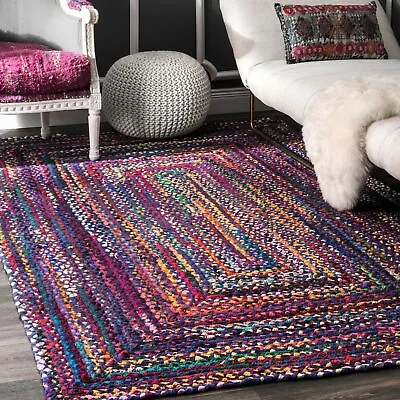 NuLOOM Hand Made Bohemian Braided Cotton Area Rug In Blue Purple Multi Chindi • $91.99