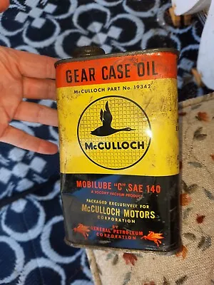 Vintage McCulloch Chainsaw Empty Metal Oil Can Pint Mobilube Sae 140  • $44