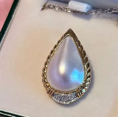 Vintage 14K Yellow Gold Mabe Pearl Raindrop Enhancer .10ct Diamonds 30mm X 20mm • $325