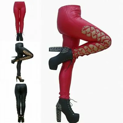 Women PUNK Black Red PU Wet Look Lace Up Stretch Leggings JegingS Trousers Pants • £22.79