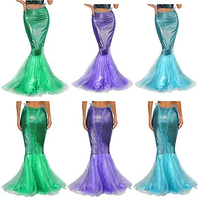 Women Mermaid Tail Halloween Costumes Party Fish Scale Shiny Metallic Long Skirt • $6.99