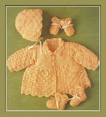 Baby's Crochet Matinee Set Pattern Jacket Bonnet Bootees Mitts 4ply 16-20  974 • £2.09