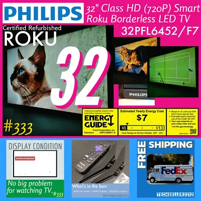 Philips 32  HD (720P Smart Roku Borderless LED TV 32PFL6452/F7 With Remote/Stand • $101.32