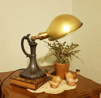 Art Deco Brass Table Desk Lamp W/ Adjustable Arm And Pivoting Shade Solid Heavy • $298