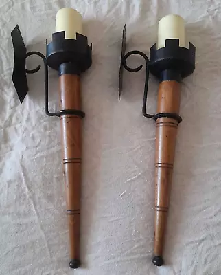 Large Vtg Pair Of Wrought Iron & Wood Medieval Gothic Candle Wall Torch Sconces • £76