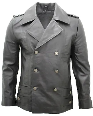 New Mens Classic German Naval Military Pea Coat Black Cowhide Leather Jacket • $200.92