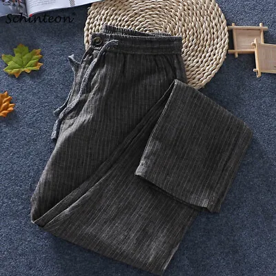 100% Pure Linen Men Striped Pants Beach Casual Comfortable Breathable Trousers • $22.99