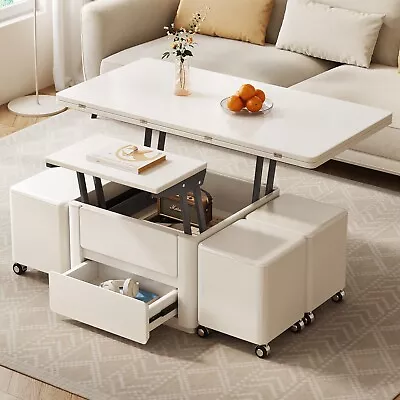 GUYII Lift Top Coffee Table Extendable 4 Storage Stools Space Saving With Wheels • $431.99