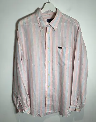 Faconnable Striped Linen Shirt Size L VGC Long Sleeve Casual Pink Blue • £34.30
