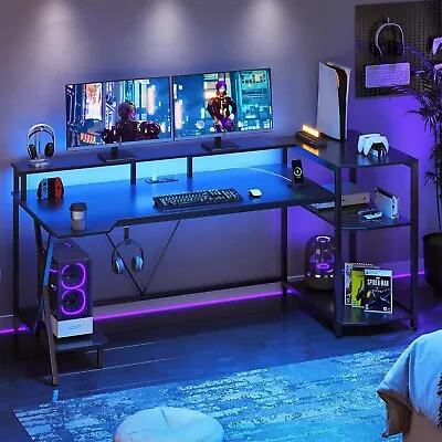 Gaming Desk With Monitor Stand LED Computer Desk Large PC Gamer Desk Black • $159.89