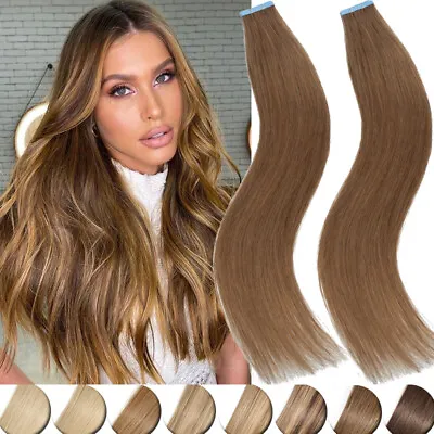 £26.08 • Buy Seamless Skin Weft Tape In 100% Remy Human Hair Extensions Full Head Thick 20pcs