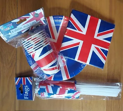 UNION JACK Flag UK Party Tablewear Sets Flags Bonting Hats Plate Cups Flags • £11.05