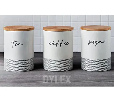 £19.99 • Buy Set Of 3 Tea/Coffee/Sugar Canisters With Bamboo Lid Storage Jars-Kitchen Decor