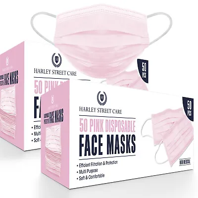 Disposable Pink Face Masks Protective 3 Ply Breathable Mouth Cover 2x50 100 Pcs • £5.49