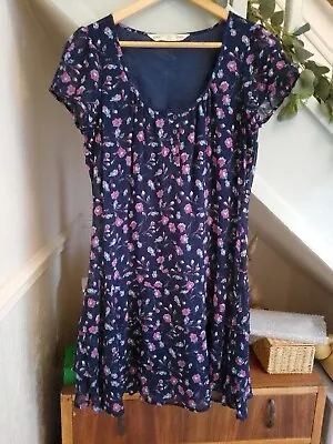 Ladies Navy Ditsy Floral Floaty Drop Waist Tea Dress Size 12 Worn Once • £6