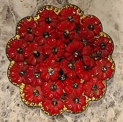 MIRIAM HASKELL Red Flower Cluster Brooch 1930s Unmarked Hand Wired Gold Tone • $65.95